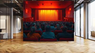 Engaging Audience at a Vibrant Cinema Screen Displaying Captivating Visuals in a Dark Room Wall mural