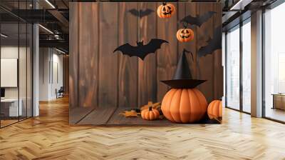 Festive Halloween Pumpkins with Witch Hat surrounded by autumn leaves and paper bats Wall mural