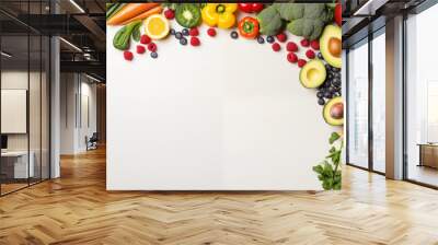 Fresh Fruits and Vegetables Border on White Background Wall mural