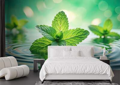 Fresh green mint leaves floating on rippling water surface with soft focus and pastel color tones, evoking a sense of calmness and serenity. Wall mural