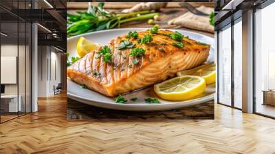 Freshly grilled salmon fillet garnished with a slice of bright yellow lemon, parsley, and herbs, served on a white plate with a rustic wooden background. Wall mural