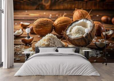 Freshly shredded white coconut meat scattered on a rustic wooden table, surrounded by brown coconut shells and a few whole nuts, bathed in warm golden light. Wall mural