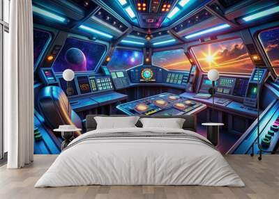 Futuristic spaceship control panel with sleek touchscreen interface and vibrant neon lights illuminates a dark background, evoking a sense of advanced technology and intergalactic exploration. Wall mural