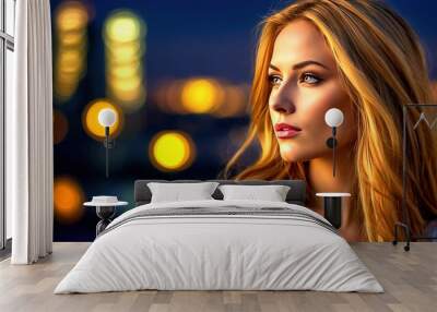 Golden hour illuminates a woman's face, makeup and hair, capturing nighttime glamour. Wall mural