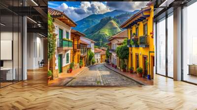 Historic cobblestone streets and vibrant colonial architecture of Candelaria neighborhood in Bogotá, Colombia, surrounded by majestic Andean mountains and lush greenery. Wall mural