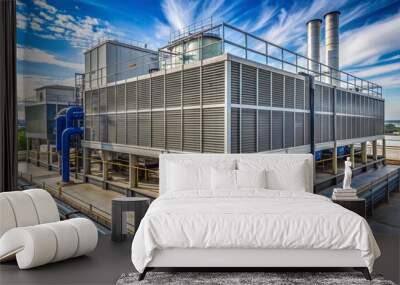 Large industrial cooling tower with water chiller air conditioning unit installed on rooftop of massive factory building for efficient air system control and ventilation. Wall mural