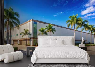 Large warehouse building exterior with a prominent logo of a popular membership-based retailer, surrounded by palm trees and a sunny sky in Puerto Vallarta, Mexico. Wall mural