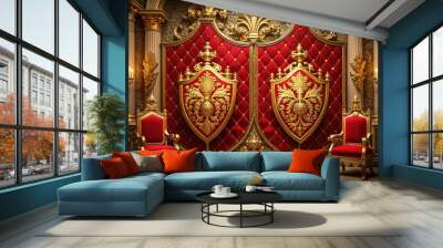 Luxurious gold canvas backdrop featuring two majestic red shields with intricate designs and ornate details, evoking a sense of power, nobility, and ancientheritage. Wall mural