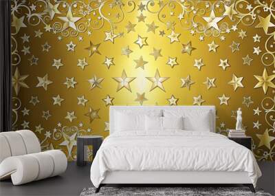 Luxurious golden foil background adorned with scattered silver stars and decorative ornate border, perfect for luxury, celebration, or festive-themed designs and gift wrapping projects. Wall mural