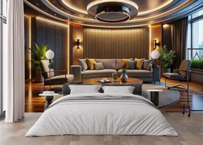 Luxurious modern living room transformed into sleek talk show studio with plush couch, oval coffee table, and futuristic AI-powered recording equipment in warm ambient lighting. Wall mural