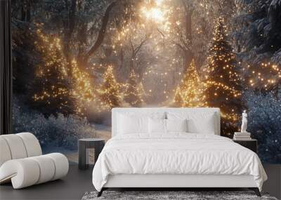 Magical Snowy Forest Path with Glowing Lights at Sunset Wall mural