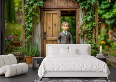 Miniature doll in a business suit stands before a wooden door of a vintage home, surrounded by lush greenery, evoking a sense of whimsical nostalgia. Wall mural