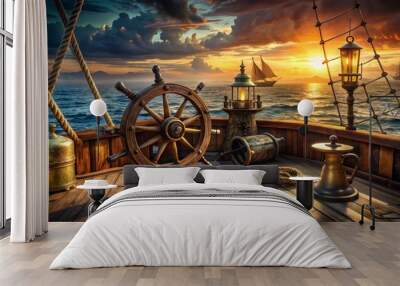 Nautical-themed pirate game background featuring a helmed ship deck with cannons, black-sailed mast, treasure map, lantern, and compass. Wall mural