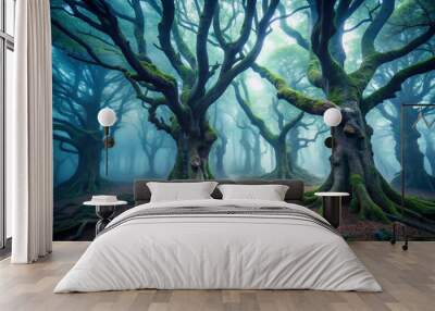 Ominous mist-shrouded forest with twisted ancient trees boasts gnarled roots, eerie shadows, and ghostly apparitions lurking behind trunks, evoking spine-tingling mystique and foreboding atmosphere. Wall mural