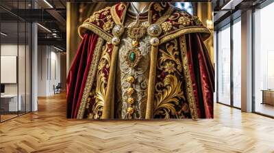 Opulent velvet cloak with intricate gold embroidery and ornate brooch adorns a statuesque figure in a richly detailed, ornamental Renaissance-era inspired courtly attire. Wall mural