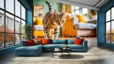 Playful Cat Launches an Adorable Attack on a Toy Mouse in a Colorful Living Room Setting Wall mural