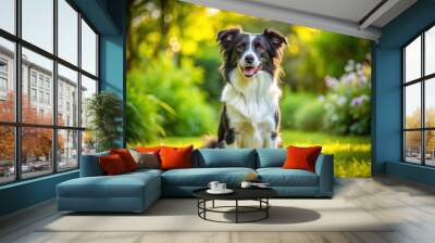 Playful little black and white dog sitting on green grass in a sunny garden during the day Wall mural