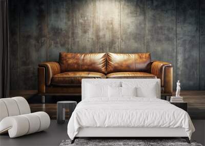 Rear view of a worn, brown leather couch with scratched wooden frame, vacant and isolated in a dimly lit, minimalist modern room interior background. Wall mural