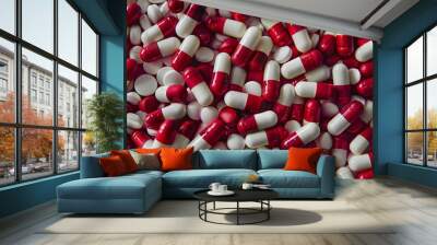 Red And White Pills Background. Medical, Pharmaceutical, Health. Wall mural