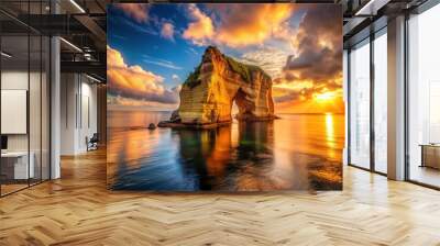 Serenely suspended above a tranquil ocean, a massive ancient rock formation floats mysteriously, its rugged surface glowing golden in the warm light of dawn. Wall mural