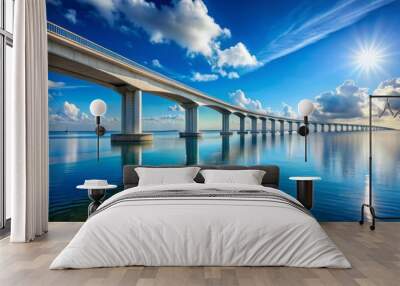 Sleek modern bridge with clean lines and minimalist design connecting two lands over serene blue water against a bright sunny sky with few clouds. Wall mural