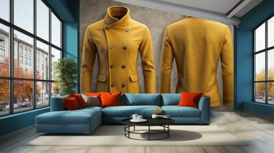 The mustard yellow athletic fit turtleneck peacoat lies across a ruggedly textured surface, its thick fabric deepening the yellow hue and adding dimensionality to the scene. Wall mural