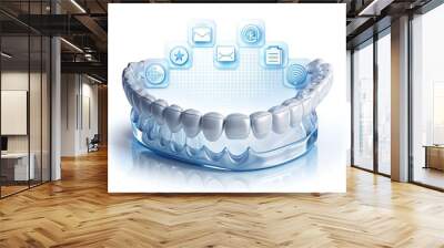 Transparent aligner with digital illustrations of teeth, smile, and calendar icons on a white background, representing modern orthodontic treatment and oral care planning. Wall mural