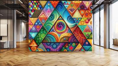 Vibrant abstract art piece featuring a bold, colorful triangle composition with geometric shapes, swirling patterns, and textures, creating a mesmerizing visual experience. Wall mural