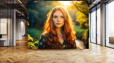 Vibrant ginger hair illuminated by sunlight showcasing natural beauty in an outdoor setting Wall mural