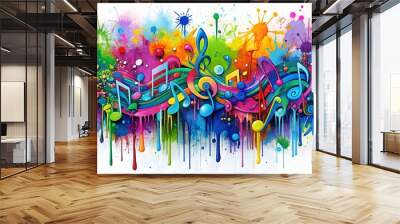 Vibrant label-inspired graffiti art with bold, colorful drips and splatters on a clean white background, evoking music festival vibes and summertime energy. Wall mural