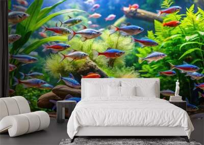 Vibrant neon tetras and angelfish swim harmoniously amidst lush green aquatic plants and decorative driftwood in a well-maintained, crystal-clear freshwater aquarium environment. Wall mural