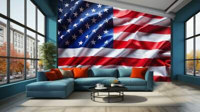 Vibrant red, white, and blue American flag folds and creases create a stunning close-up background with intricate details and subtle texture. Wall mural