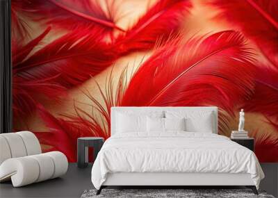 Vibrant red feathers with soft, delicate texture and intricate details, illuminated against a neutral background, evoking a sense of luxury and exotic beauty. Wall mural