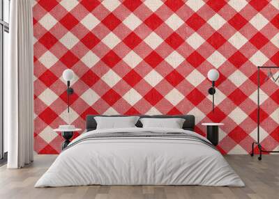 Vibrant red gingham seamless pattern featuring rhombus and square textures, ideal for plaid designs, tablecloths, clothing, bedding, blankets, and quilts, with a rustic country charm. Wall mural