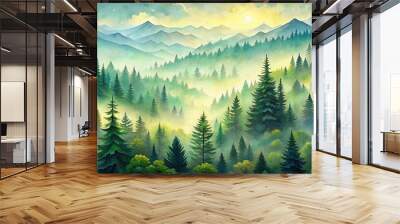 Vibrant watercolor illustration of a serene mountain landscape featuring densely packed woodland pine trees in shades of green amidst misty atmospheric backdrop with transparent background. Wall mural