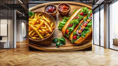 Vibrant wooden plate presentation showcasing crispy French fries, fresh healthy salad, and savory hot dog toast, perfect for a trendy menu or food blog feature. Wall mural