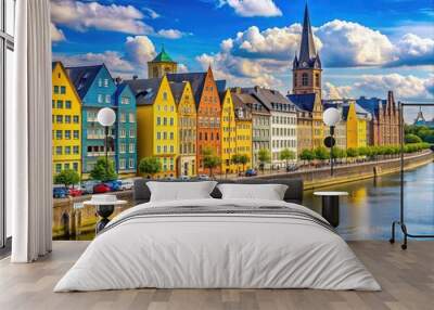 Vibrant yellow and blue buildings line the Rhine River in Düsseldorf, Germany, with modern architecture and old town charm blending together seamlessly. Wall mural