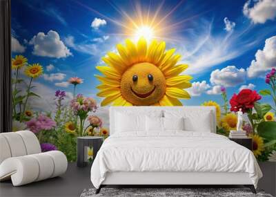 Vibrant yellow smiley sun with bright blue sky and fluffy white clouds, surrounded by colorful flowers and leaves, radiating warmth and happiness. Wall mural