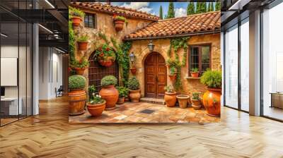 Warm, earthy hues evoke rustic charm, reminiscent of Tuscan villas, with burnt sienna tones and Mediterranean warmth, evoking sun-kissed hills and ancient history. Wall mural