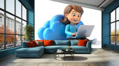 Whimsical 3D illustration of a bright blue cloud supporting a cheerful cartoon girl typing away on a sleek laptop in a serene atmosphere. Wall mural