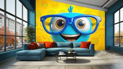 Whimsical illustration of a smiling cartoon character wearing trendy glasses with bright blue frames, standing in front of a vibrant yellow background with fun patterns. Wall mural