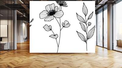 leaf flower illustration plant art nature vector design floral line botanical bouquet black drawing blossom white outline vintage spring summer background isolated decoration set	 Wall mural