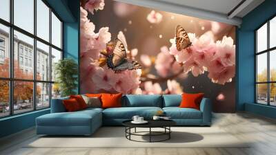 Blossom tree with beautiful butterfly.Spring background, Pink sakura flowers. Wall mural