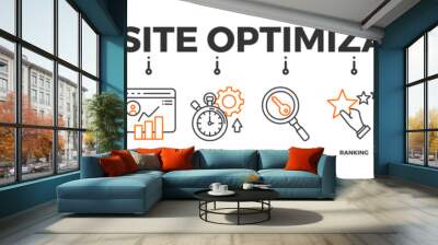 Website optimization banner web icon vector illustration concept with icon of page speed, conversion rate, website traffic, efficiency, keywords, ranking, caching, link building Wall mural