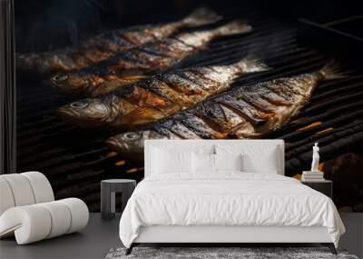 Fresh fried fish mackerel grilled on charcoal Wall mural