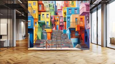 illustration where vibrant staircases interweave and ascend, leading to a captivating array of colorful and lively buildings AI Generated Wall mural