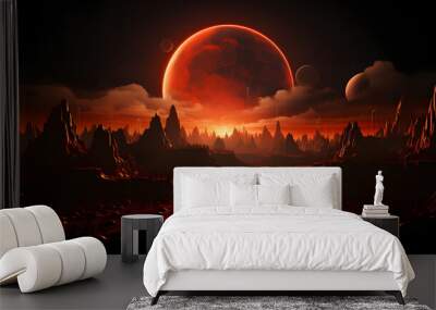 A fiery red sun sets over an alien planet, casting a warm glow on the strange, rocky landscape and the molten river flowing through it. Wall mural