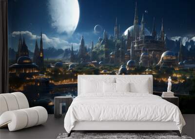 A futuristic city with tall towers and domes surrounded by trees and water, with a large moon in the sky. Wall mural