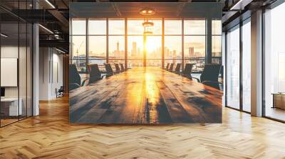 A modern conference room with a wooden table and sunset view over a city skyline. Wall mural