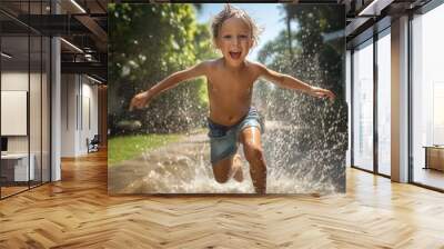 A realistic image of a young child running through a sprinkler on a hot summer day, with water droplets flying all around. Generative AI Wall mural